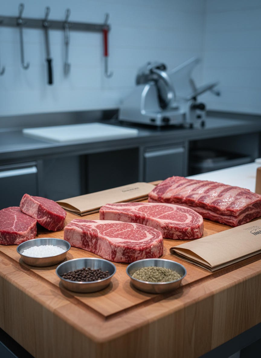 A close-up, photographic view of an immaculate wooden butcher block showcasing a selection of premium steaks, ribs, and lean cuts, each with visible fine marbling and a natural sheen of freshness. Around the meats lie small metal trays of coarse salt, whole peppercorns, and unbranded kraft paper sheets, all carefully aligned to suggest preparation and packaging. The setting is a neutral-toned, modern carnicería workspace with stainless-steel equipment softly blurred in the background. Cool, diffused overhead lighting combined with a subtle side light creates gentle highlights on the meat textures and clean shadows along the board. Shot from a slightly elevated angle with shallow depth of field, the mood is precise, professional, and focused on product excellence, matching a clean, minimalist, corporate style.
