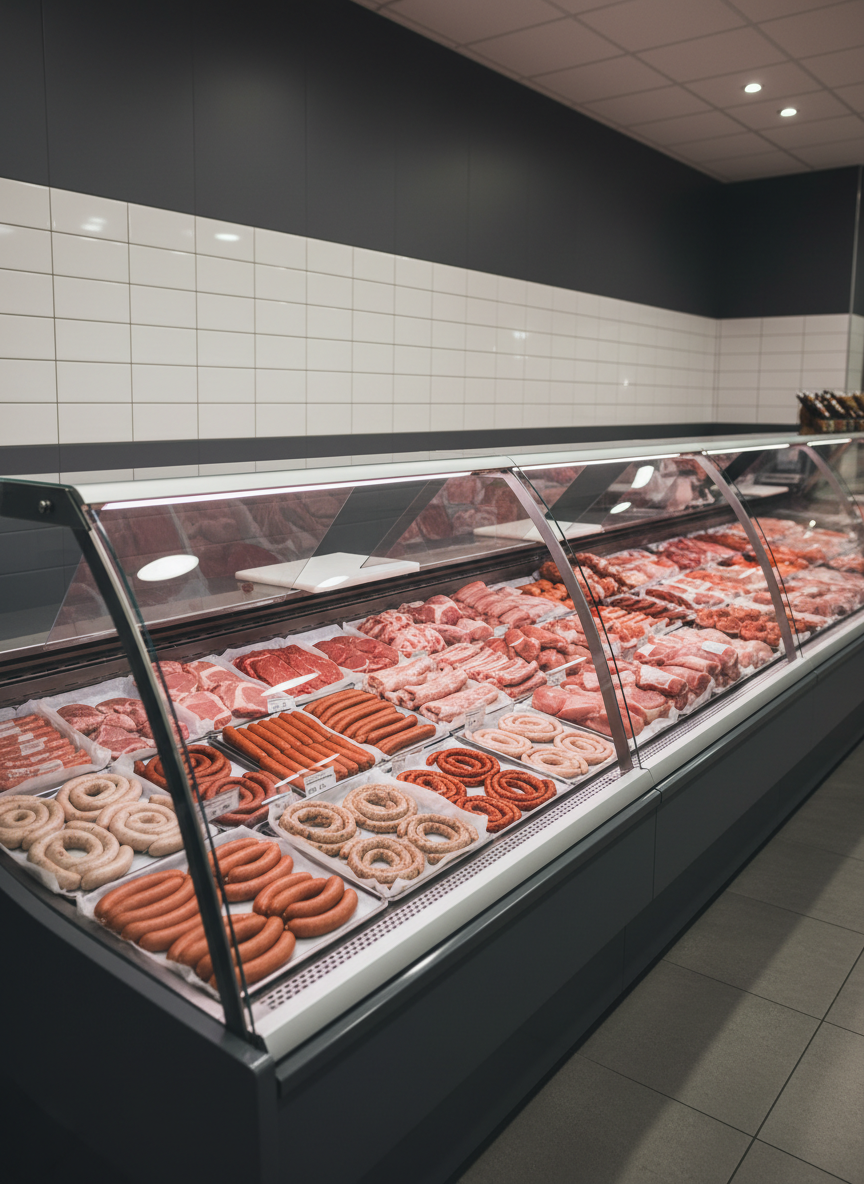 An elegant refrigerated meat display case inside a contemporary carnicería, filled with orderly rows of sausages, chorizos, and finely trimmed cuts, each grouped by type and separated by minimalist stainless dividers. The case is framed by pristine white tile and matte charcoal panels, with no visible branding, keeping the aesthetic clean and corporate. Neutral LED strip lighting within the case evenly illuminates the rich reds and subtle pinks of the meats without harsh glare, while overhead diffused shop lighting maintains a calm, balanced atmosphere. Captured from a slightly angled front view using the rule of thirds, the image shows the length of the display fading into a soft bokeh, reinforcing a sense of variety, quality, and modern professionalism in photographic realism.